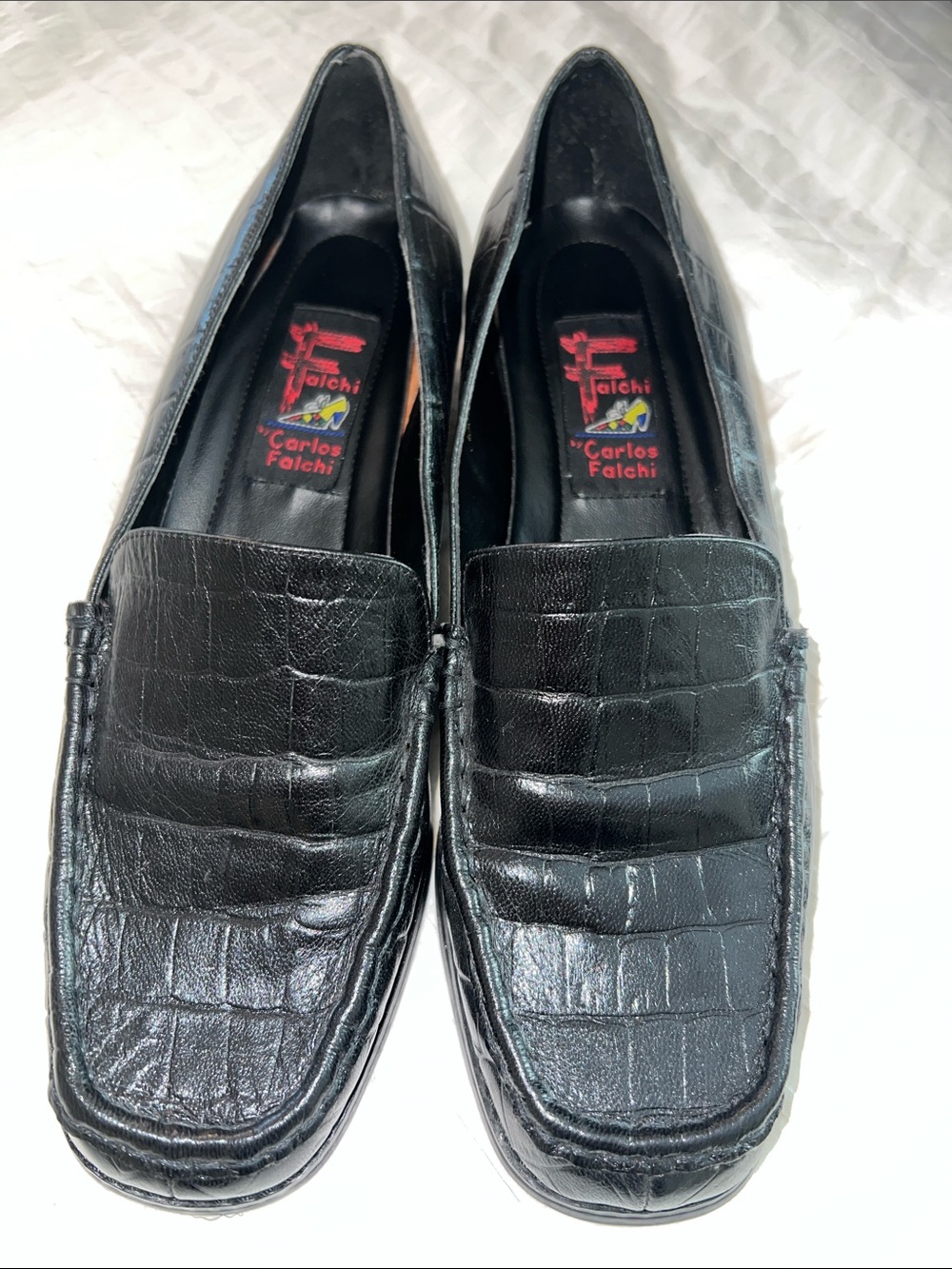 Carlos Falchi Black Croc-Embossed Leather Slip-On Loafers